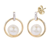 14K gold Pearl Circle Dangle Earrings with Diamonds
